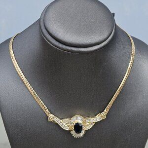 14KT Yellow Gold Cuban Link Blue Sapphire Static Pendant Necklace Chain 17 Inch